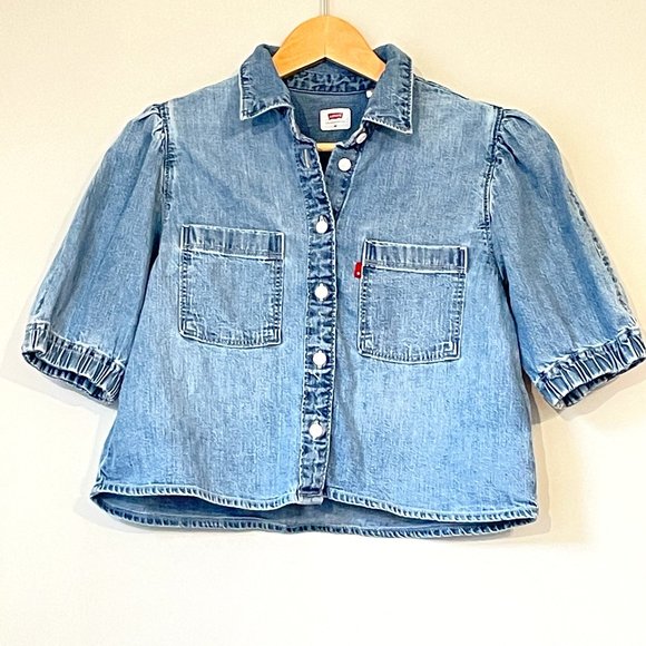 Levi's Blue Puff Sleeve Crop Top - Picture 1 of 3
